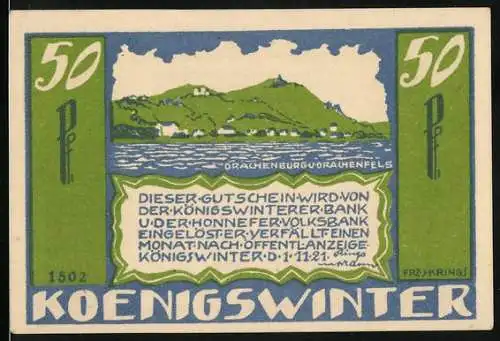 Notgeld Königswinter, 1921, 50 Pfennig, Drachenburg und Drachenfels, Gedicht von Karl Simrock