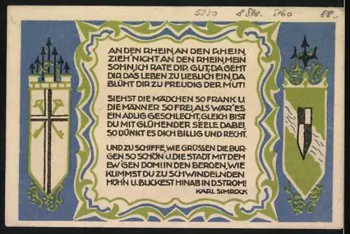 Notgeld Königswinter, 1921, 50 Pfennig, Drachenburg und Drachenfels, Gedicht von Karl Simrock