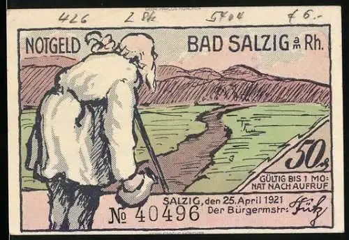 Notgeld Bad Salzig am Rh., 1921, 50 Pf., alter Mann mit Stock und Hut, Flusslandschaft