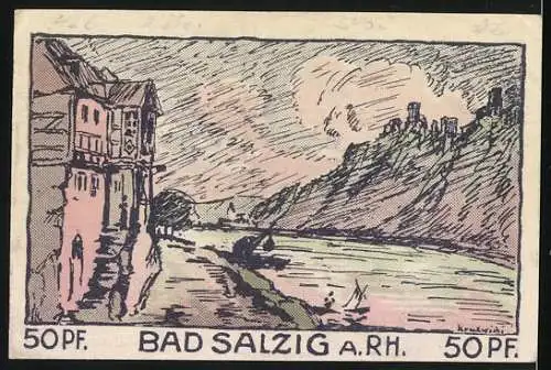 Notgeld Bad Salzig am Rh., 1921, 50 Pf., alter Mann mit Stock und Hut, Flusslandschaft