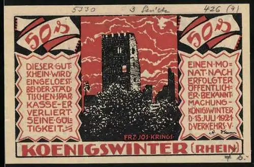 Notgeld Königswinter (Rhein), 1921, 50 Pfennig, Burg Drachenfels mit Frz. Jos. Krings und O.H. Walpott von Bassenheim