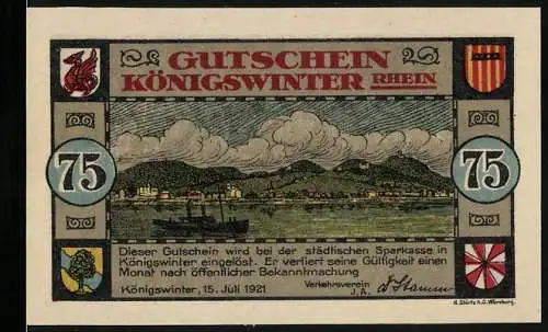 Notgeld Königswinter 1921, 75 Pfennig, Stadtansicht mit Rhein und Wappen