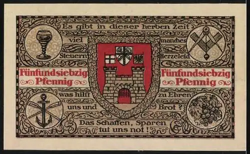 Notgeld Königswinter 1921, 75 Pfennig, Stadtansicht mit Rhein und Wappen