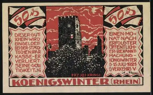 Notgeld Königswinter (Rhein), 1921, 50 Pfennig, Burggraf von Drachenfels und Burgruine, rot-schwarz