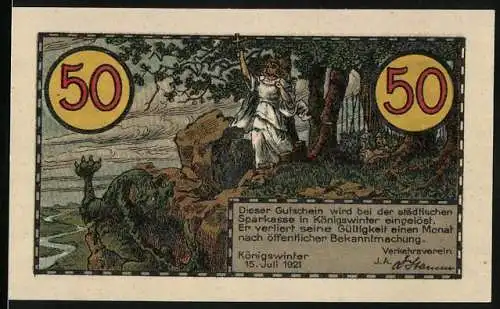 Notgeld Königswinter 1921, 50 Pfennig, Darstellung einer Frau mit Kreuz und Landschaft sowie Stadtwappen