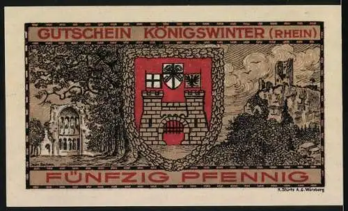 Notgeld Königswinter 1921, 50 Pfennig, Darstellung einer Frau mit Kreuz und Landschaft sowie Stadtwappen