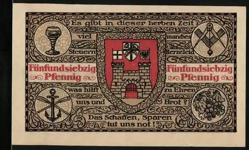 Notgeld Königswinter 1921, 75 Pfennig, Gutschein mit Stadtansicht und Wappen