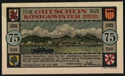 Notgeld Königswinter 1921, 75 Pfennig, Gutschein mit Stadtansicht und Wappen