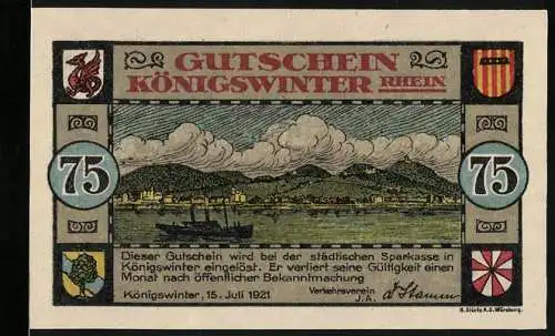 Notgeld Königswinter, 1921, 75 Pfennig, Gutschein der städtischen Sparkasse mit Stadtansicht und Wappen