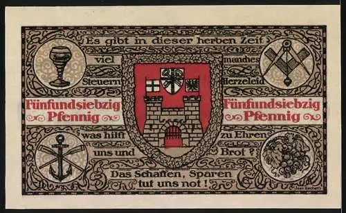 Notgeld Königswinter, 1921, 75 Pfennig, Gutschein der städtischen Sparkasse mit Stadtansicht und Wappen