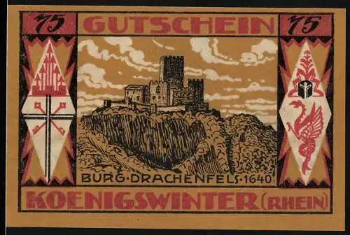 Notgeld Königswinter 1921, 75 Pfennig, Burg Drachenfels und Stadtansichten, beidseitig bedruckt