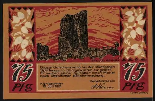 Notgeld Königswinter 1921, 75 Pfennig, Burg Drachenfels und Stadtansichten, beidseitig bedruckt