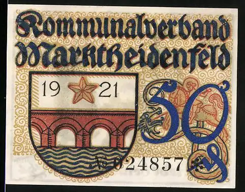 Notgeld Marktheidenfeld 1921, 50 Pfennig, Stadtwappen und Familie mit Kind