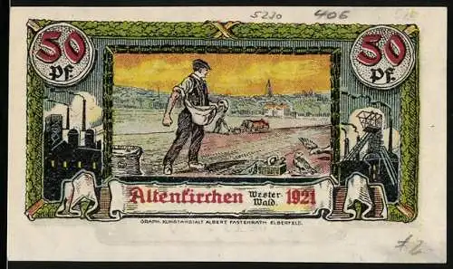 Notgeld Altenkirchen / Westerwald 1921, 50 Pf, Arbeiter und Stadtansicht Vorderseite, Wappen Rückseite