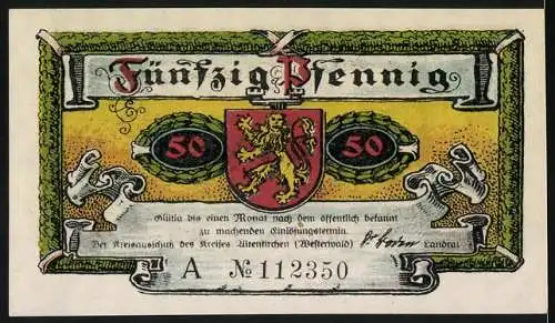 Notgeld Altenkirchen / Westerwald 1921, 50 Pf, Arbeiter und Stadtansicht Vorderseite, Wappen Rückseite