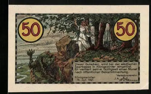 Notgeld Königswinter 1921, 50 Pfennig, Landschaft mit Frau und Drache, Stadtwappen und Gebäude