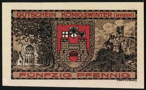 Notgeld Königswinter 1921, 50 Pfennig, Landschaft mit Frau und Drache, Stadtwappen und Gebäude