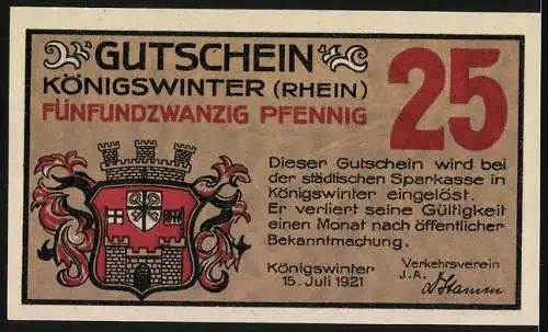 Notgeld Königswinter (Rhein), 1921, 25 Pfennig, Mann mit Schwert und Drache, Stadtwappen, Gutschein der Sparkasse