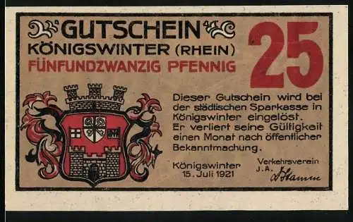 Notgeld Königswinter (Rhein), 1921, 25 Pfennig, Gutschein mit Wappen und Darstellung eines Drachenkämpfers