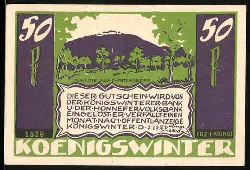 Notgeld Königswinter 1921, 50 Pfennig, Kurhotel auf dem Petersberg, Vers Julius Inkermann, Wappen