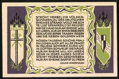 Notgeld Königswinter 1921, 50 Pfennig, Kurhotel auf dem Petersberg, Vers Julius Inkermann, Wappen