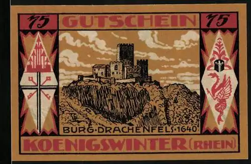 Notgeld Königswinter 1921, 75 Pfennig, Burg Drachenfels und Ruine, gültig bei städt. Sparkasse