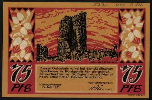 Notgeld Königswinter 1921, 75 Pfennig, Burg Drachenfels und Ruine, gültig bei städt. Sparkasse