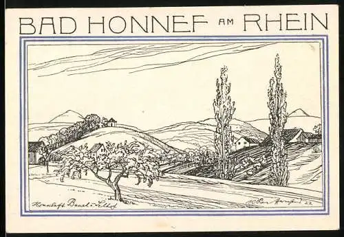 Notgeld Bad Honnef am Rhein, 1921, 50 Pfennige, Landschaft und Stadtwappen mit Bergen im Hintergrund