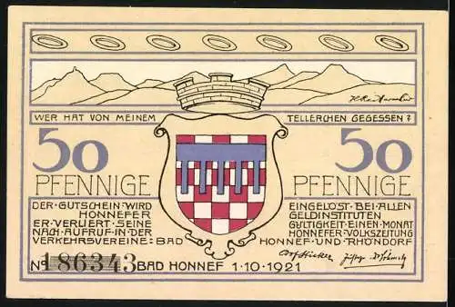 Notgeld Bad Honnef am Rhein, 1921, 50 Pfennige, Landschaft und Stadtwappen mit Bergen im Hintergrund