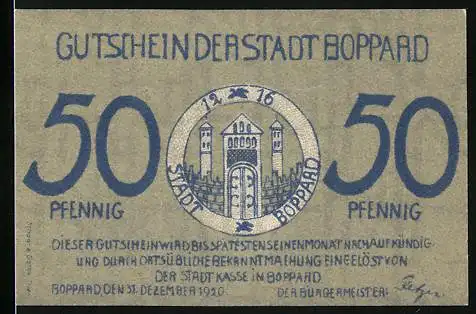 Notgeld Boppard, 1920, 50 Pfennig, Stadtansicht und Wappen der Stadt Boppard