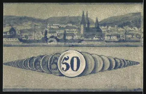 Notgeld Boppard, 1920, 50 Pfennig, Stadtansicht und Wappen der Stadt Boppard