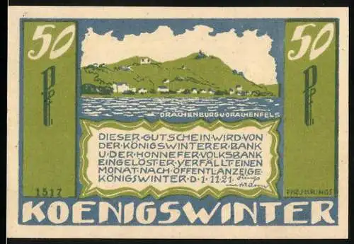 Notgeld Königswinter, 1921, 50 Pf, Drachenburg und Drachenfels, Rückseite mit Gedicht von Karl Simrock