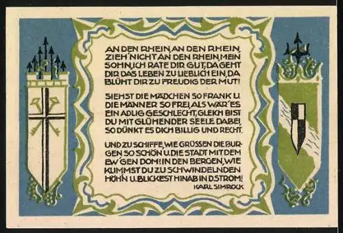 Notgeld Königswinter, 1921, 50 Pf, Drachenburg und Drachenfels, Rückseite mit Gedicht von Karl Simrock