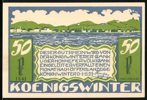 Notgeld Königswinter, 1921, 50 Pfennig, Schriftzug und Landschaft am Rhein