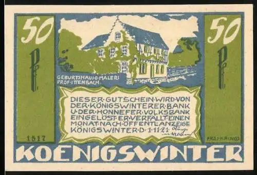 Notgeld Königswinter, 1921, 50 Pfennig, Geburtshaus von Maler Profittenbach, Krone im Grünen Rhein