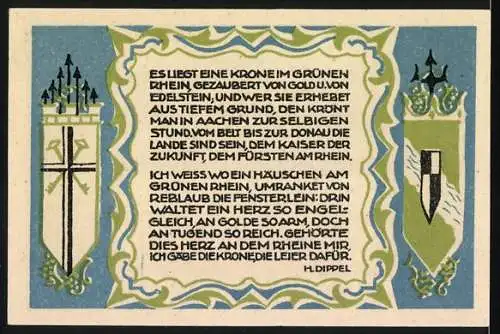 Notgeld Königswinter, 1921, 50 Pfennig, Geburtshaus von Maler Profittenbach, Krone im Grünen Rhein