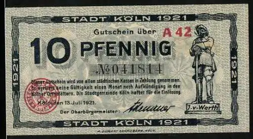 Notgeld Köln 1921, 10 Pfennig, Gutschein mit Jan un Griet Motiv, Seriennummer A42