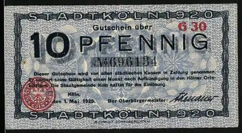 Notgeld Köln 1920, 10 Pfennig, Gutschein über 10 Pfennig mit Stadtansicht auf der Rückseite