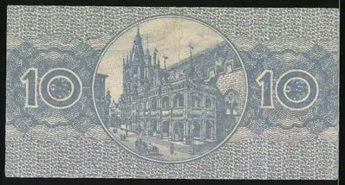 Notgeld Köln 1920, 10 Pfennig, Gutschein über 10 Pfennig mit Stadtansicht auf der Rückseite