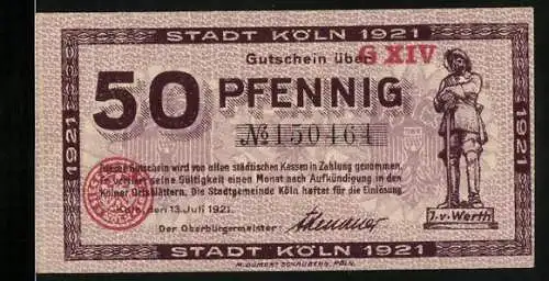 Notgeld Köln 1921, 50 Pfennig, Illustration von Jan und Griet und städtische Kassen in Zahlung genommen