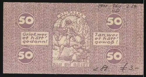 Notgeld Köln 1921, 50 Pfennig, Illustration von Jan und Griet und städtische Kassen in Zahlung genommen