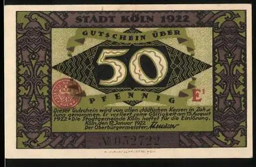 Notgeld Köln 1922, 50 Pfennig, Gutschein über 50 Pfennig, Heinzelmännchen von Köln