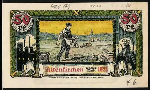 Notgeld Altenkirchen / Westerwald 1921, 50 Pf, Bauer mit Rechen vor Stadt und Wappen mit Löwe