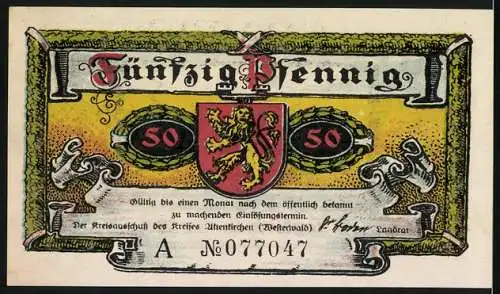 Notgeld Altenkirchen / Westerwald 1921, 50 Pf, Bauer mit Rechen vor Stadt und Wappen mit Löwe