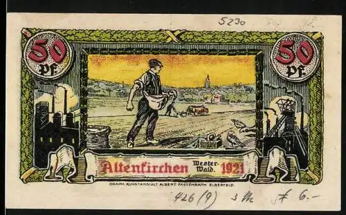 Notgeld Altenkirchen / Westerwald 1921, 50 Pfennig, Bauer und Wappen mit Löwen