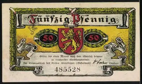 Notgeld Altenkirchen / Westerwald 1921, 50 Pfennig, Bauer und Wappen mit Löwen