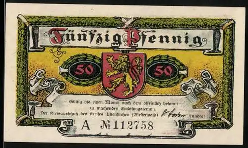 Notgeld Altenkirchen / Westerwald 1921, 50 Pfennig, Löwenwappen und Arbeiter auf einem Feld