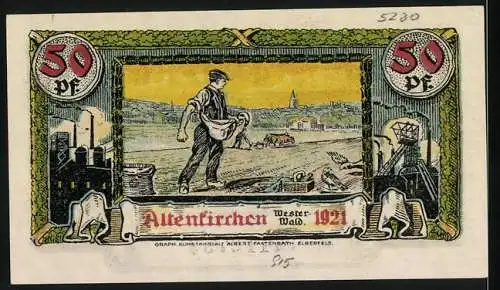 Notgeld Altenkirchen / Westerwald 1921, 50 Pfennig, Löwenwappen und Arbeiter auf einem Feld