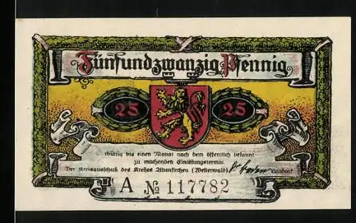 Notgeld Altenkirchen 1921, 25 Pfennig, Schloss Friedewald mit Wappen und Löwenornamenten