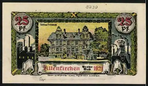 Notgeld Altenkirchen 1921, 25 Pfennig, Schloss Friedewald mit Wappen und Löwenornamenten